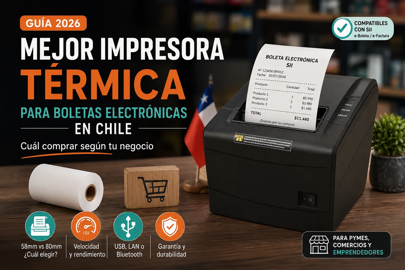 Mejor impresora térmica para boletas electrónicas del SII en Chile 2026 con comparativa de modelos de 58 mm y 80 mm para negocios.